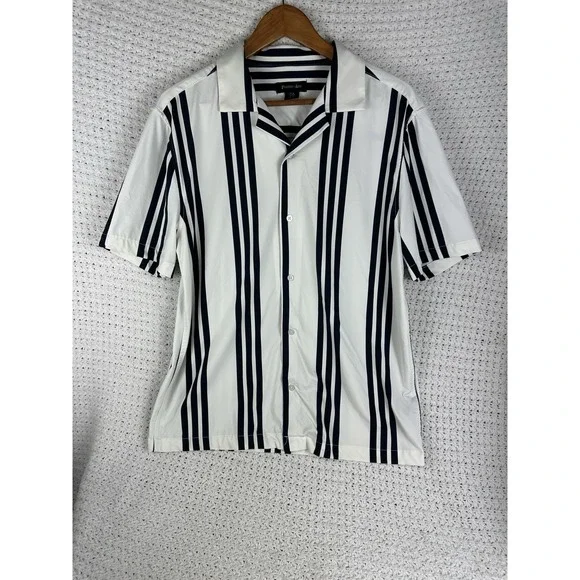 PORTER & ASH Kinetic Stretch Short Sleeve Button Shirt Nvy & Wht Striped Large L - Picture 2 of 5
